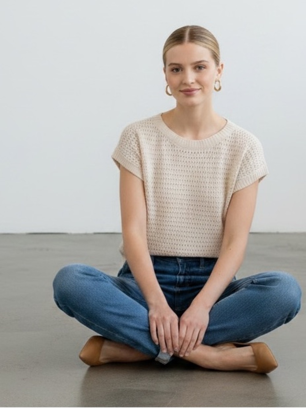 Crewneck Short Sleeve Knit Top in Cream - Picture 5 of 8